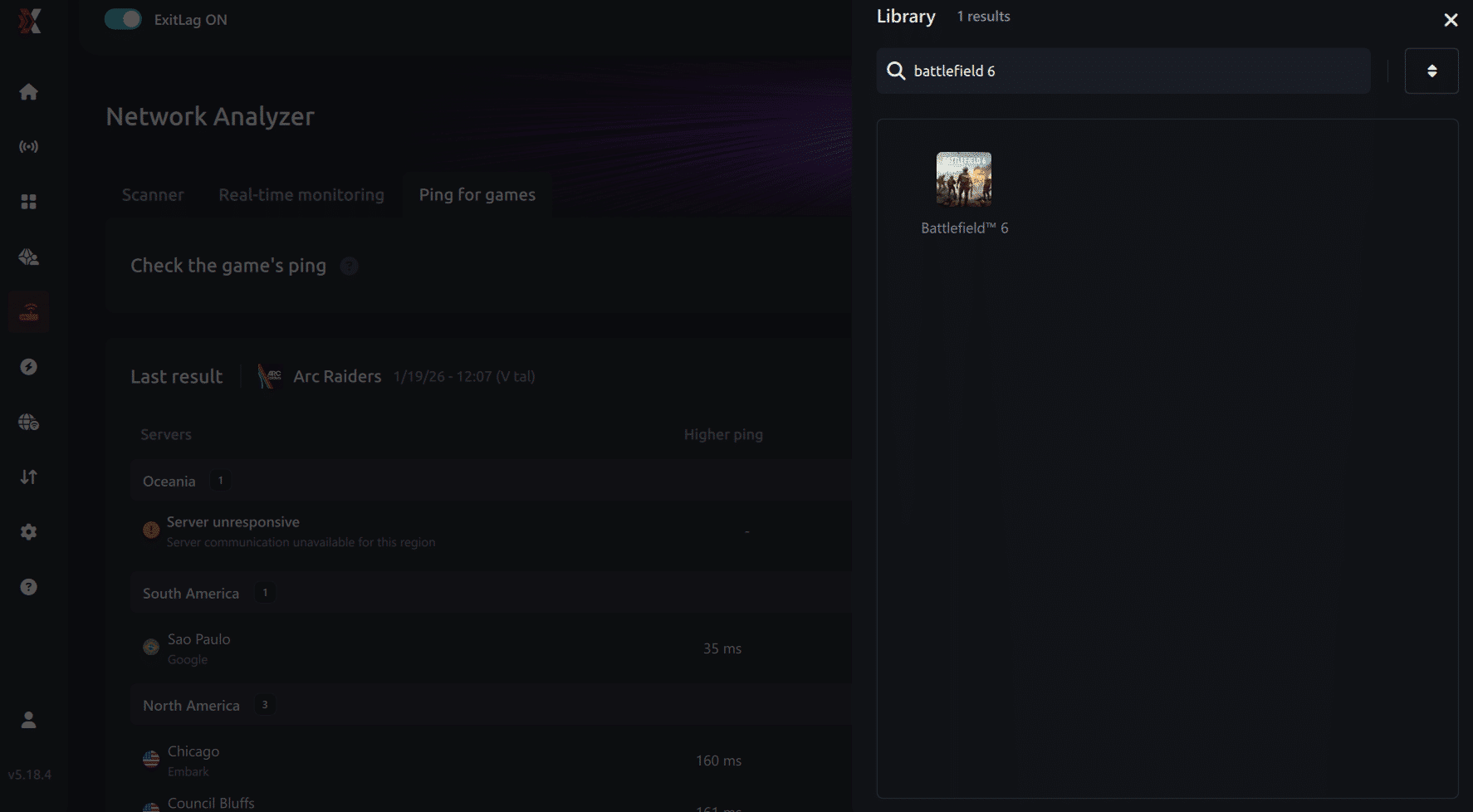 Select game for ping for games Battlefield 6