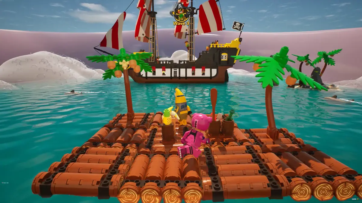 Scene from Fortnite's LEGO Raft Survival mode: LEGO pirate ship navigating the ocean with a pirate ship nearby