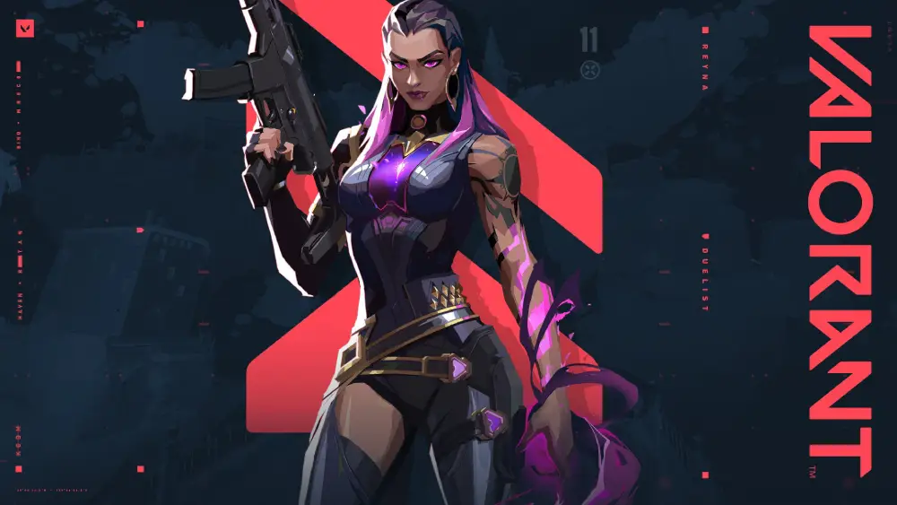 Reyna, the Valorant agent, stands poised in purple clothing, gripping a gun with an air of determination.