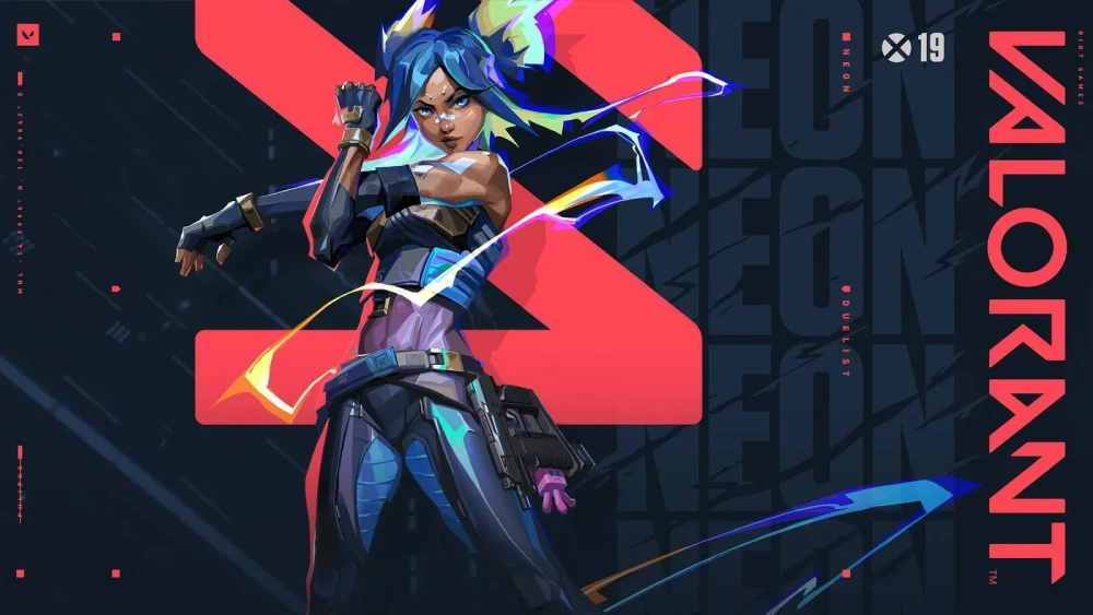 Valorant cover art displaying a woman in a blue dress and blue hair, inspired by the Valorant agent Neon.