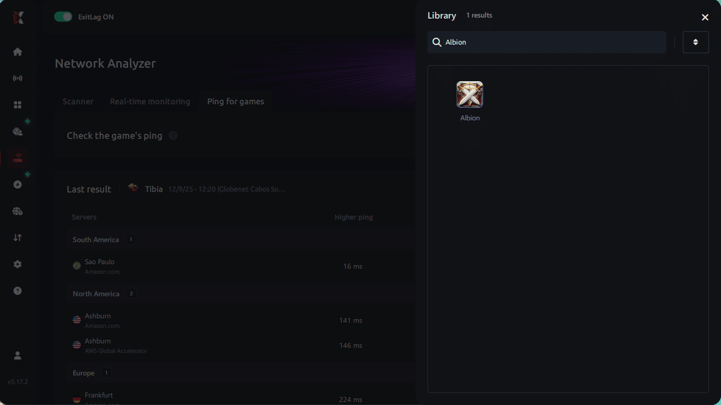 Select game for ping for games Albion Online