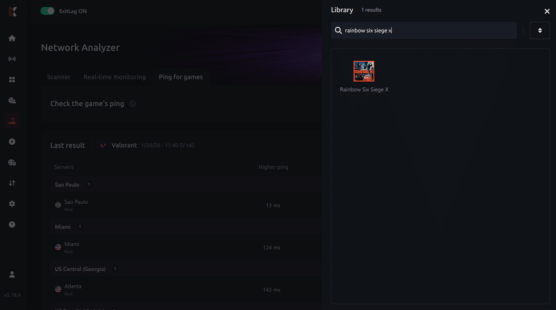 Select game for ping for games Rainbow Six Siege