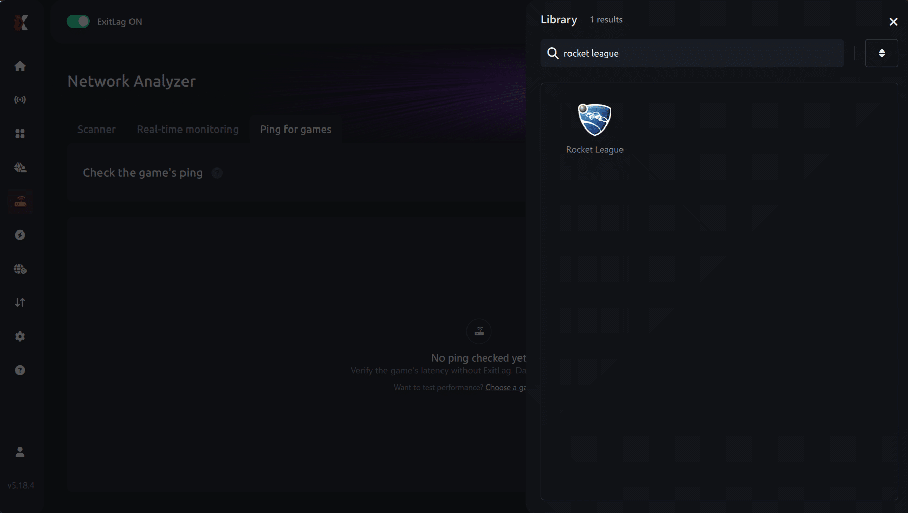 Select game for ping for games Rocket League