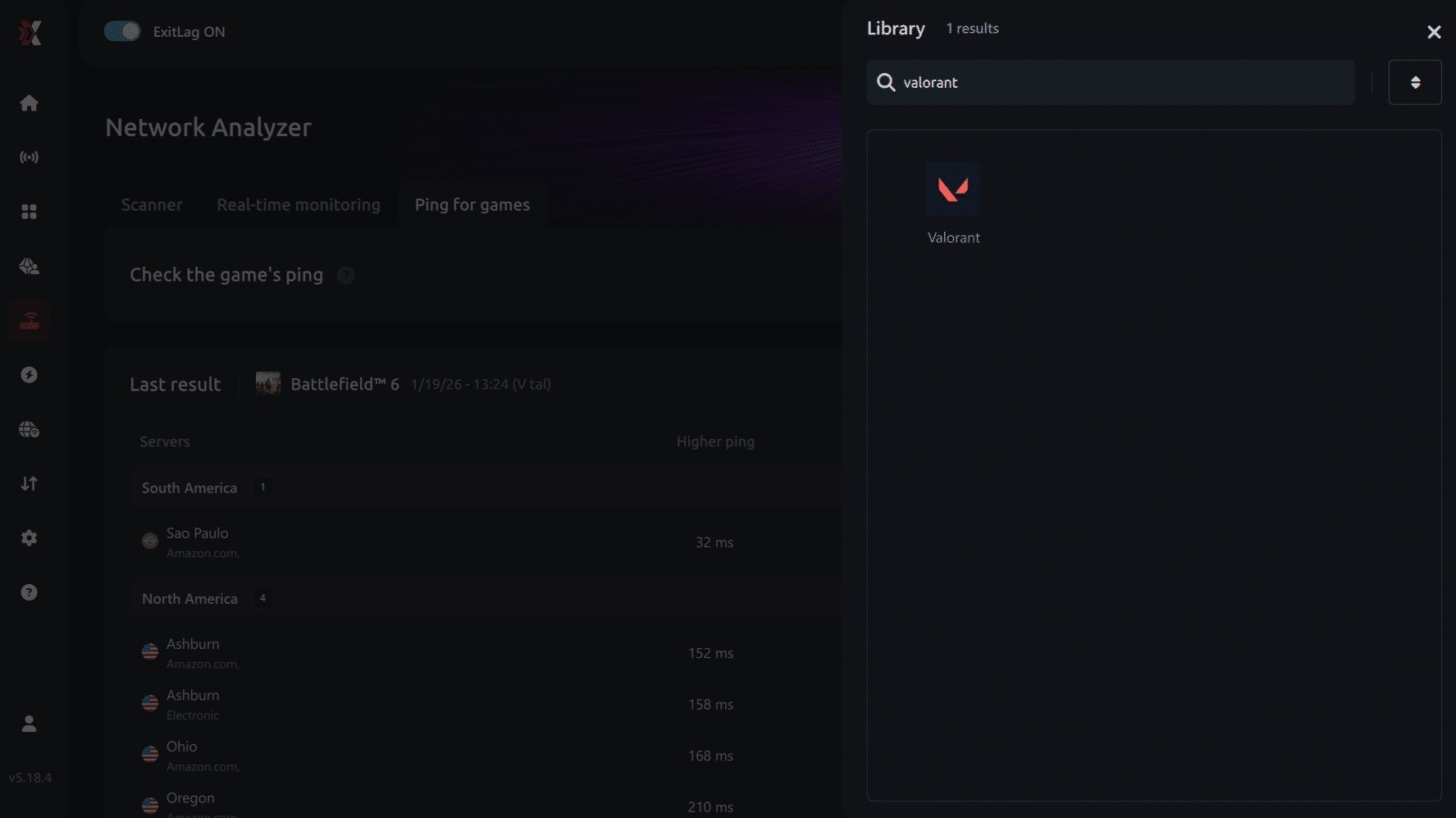 Select game for ping for games Valorant