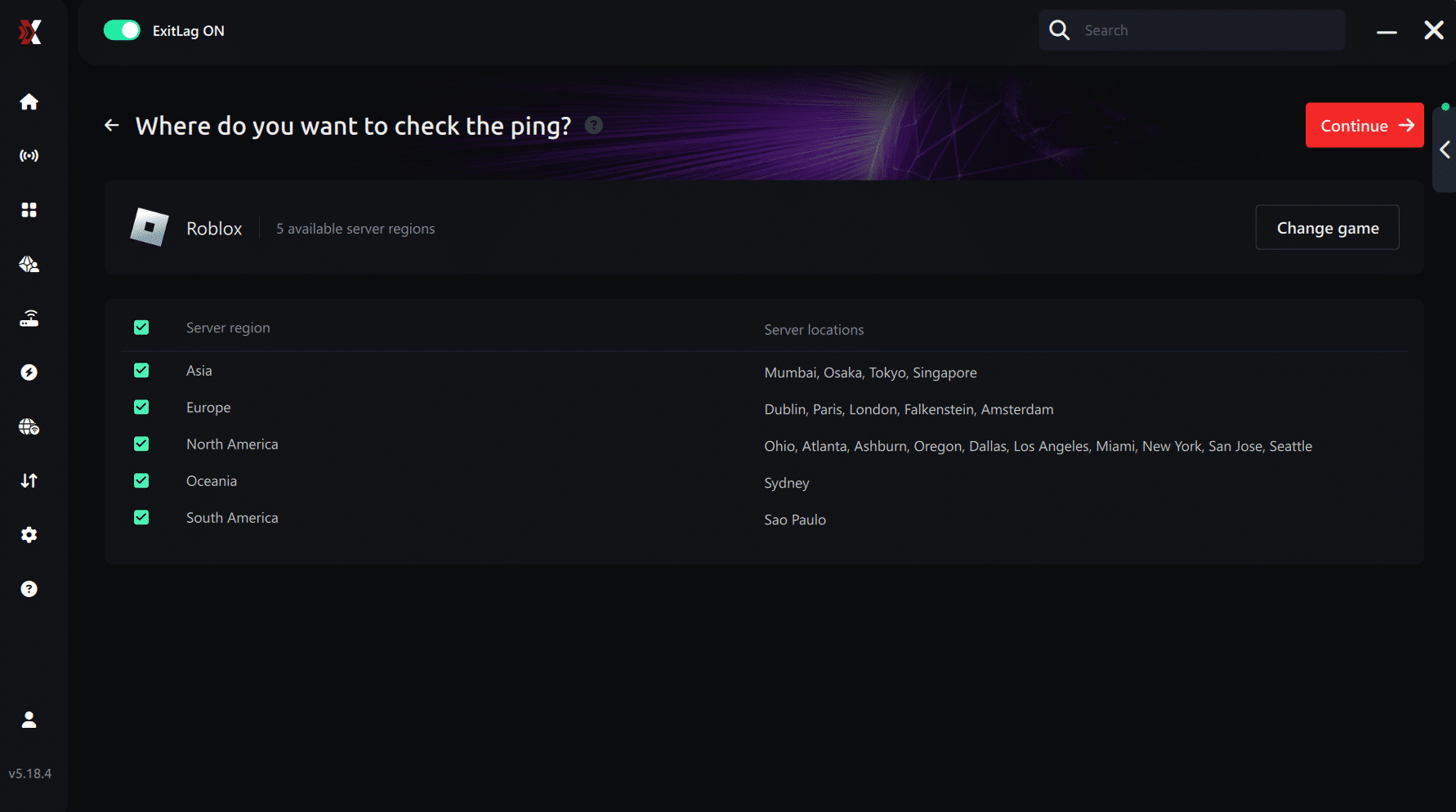 Select region ping for games Roblox