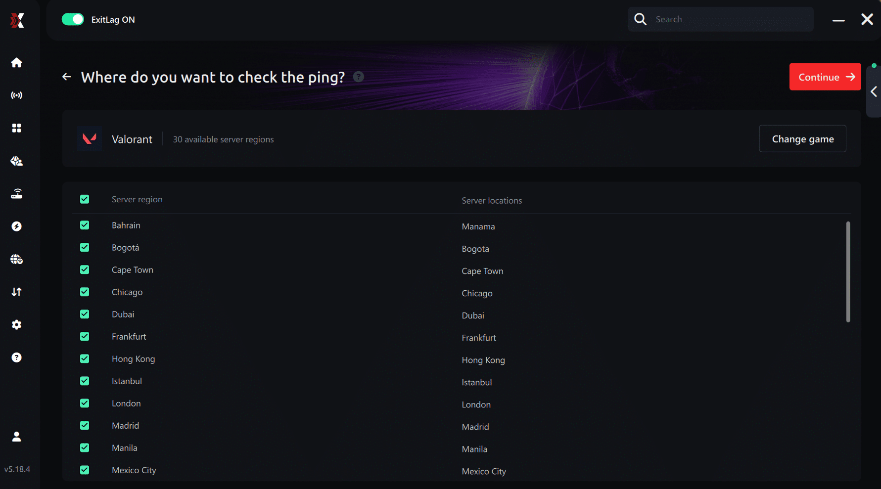 Select region ping for games Valorant