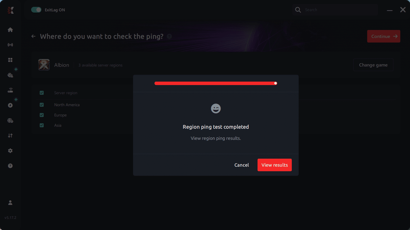 View result ping for game Albion Online