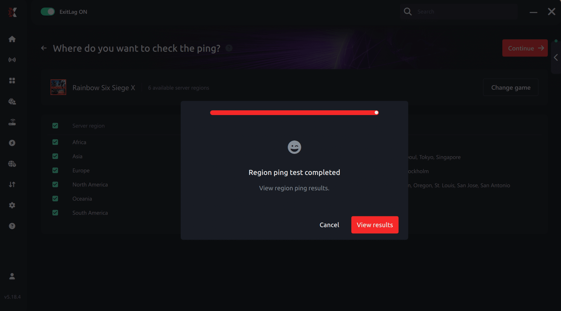 View result ping for game Rainbow Six Siege