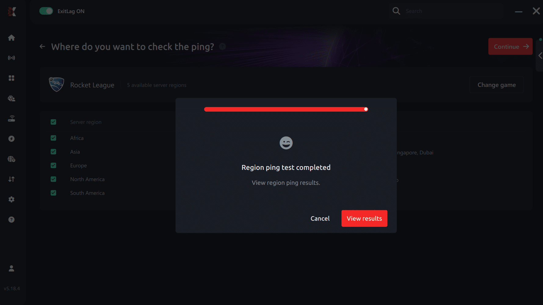 View result ping for game Rocket League