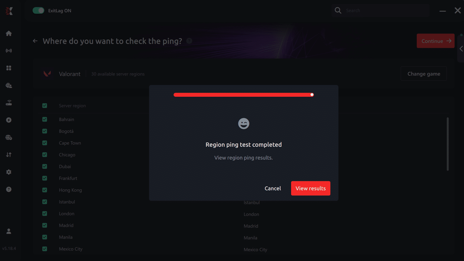 View result ping for game Valorant