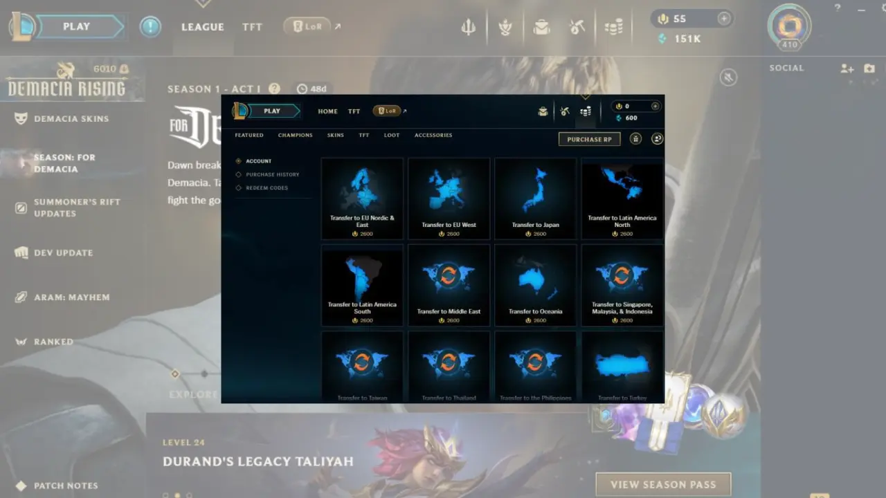 LOL servers transfer