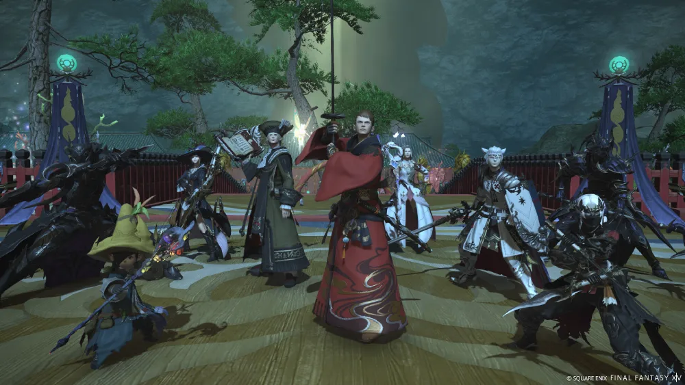final-fantasy-characters-xiv Final Fantasy 14 characters in elaborate costumes at a crowded gaming convention.